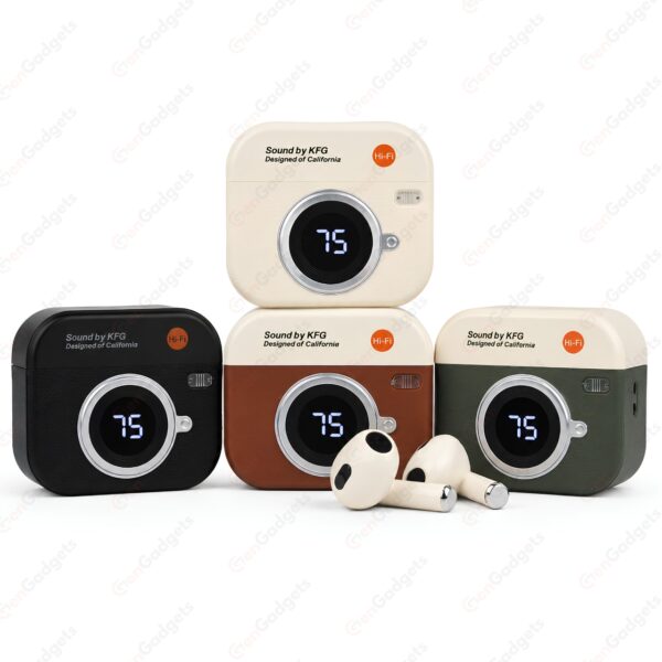 Q86 Retro Camera TWS Earbuds - 4 Colors Ogranized and A pair of Buds in front of them